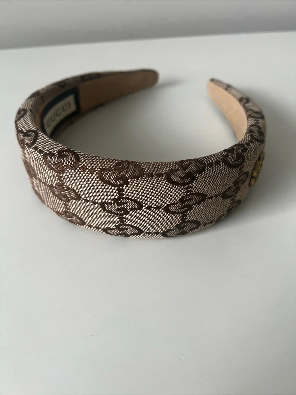 Gucci Brown Beige Monogram Padded Headband with Gold Accent